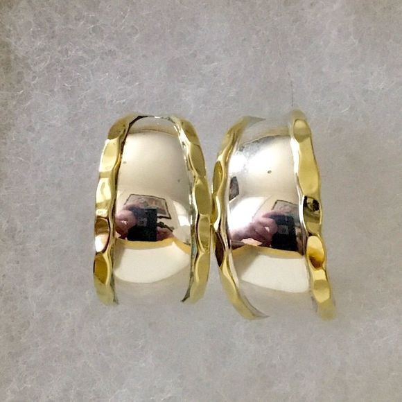TAXCO Sterling Silver Lanton Open Hoop Earrings Rimmed in Crimped Brass - Picture 1 of 5